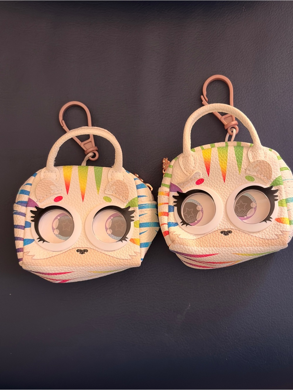 Kids Rainbow Stripe Animal Face Coin Purse Keychain - Cream